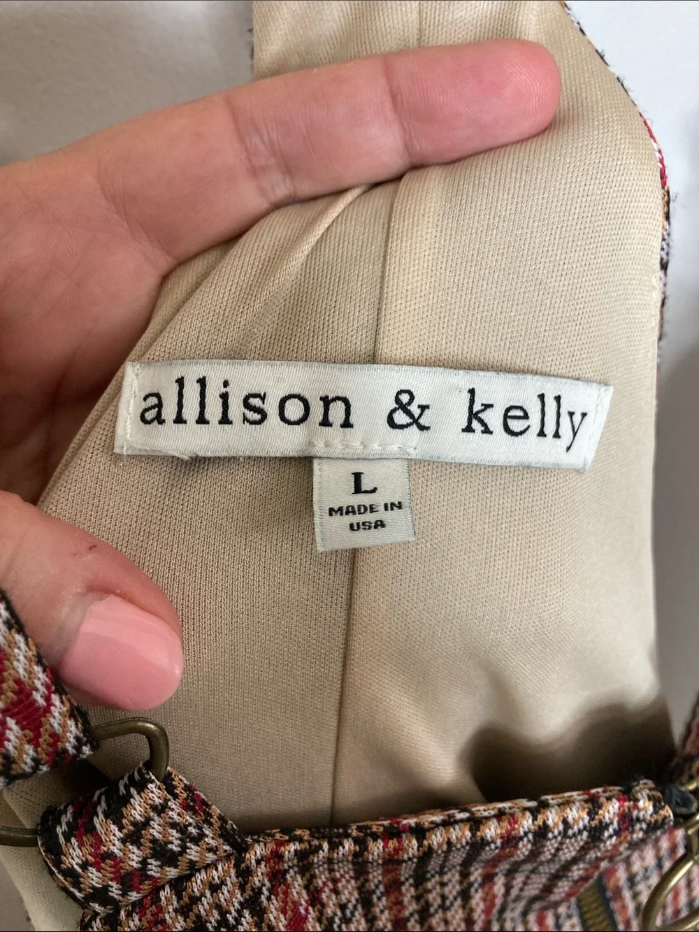 allison & kelly Plaid Pinafore Dress in Beige, Tan, Red, and Black, Size Large